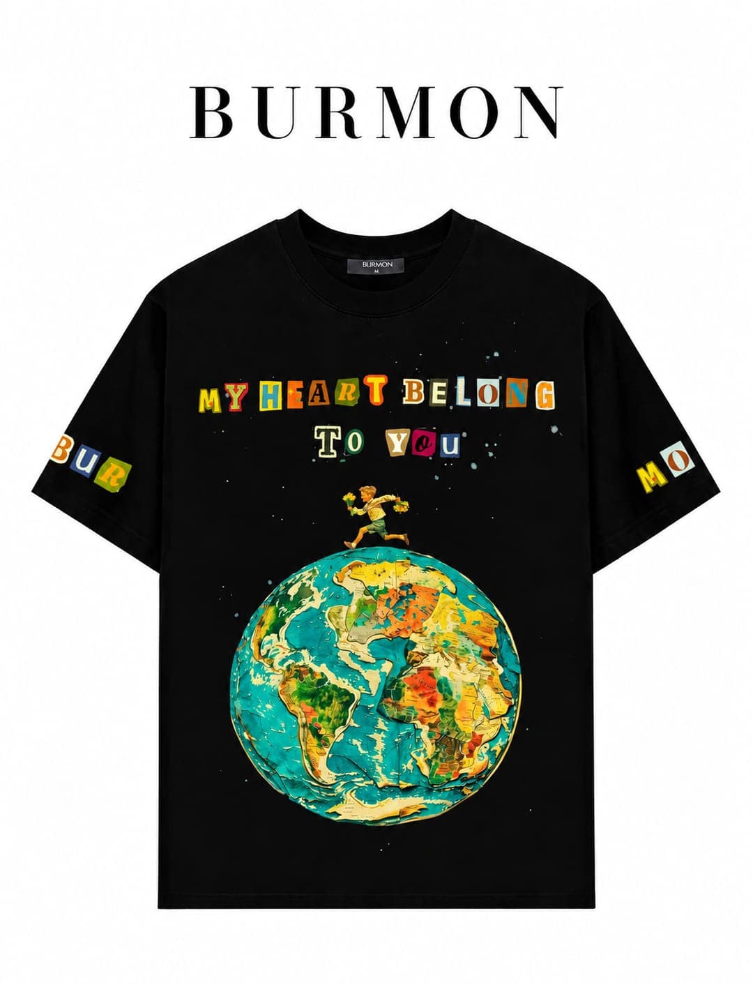 BURMON black tee with colorful globe